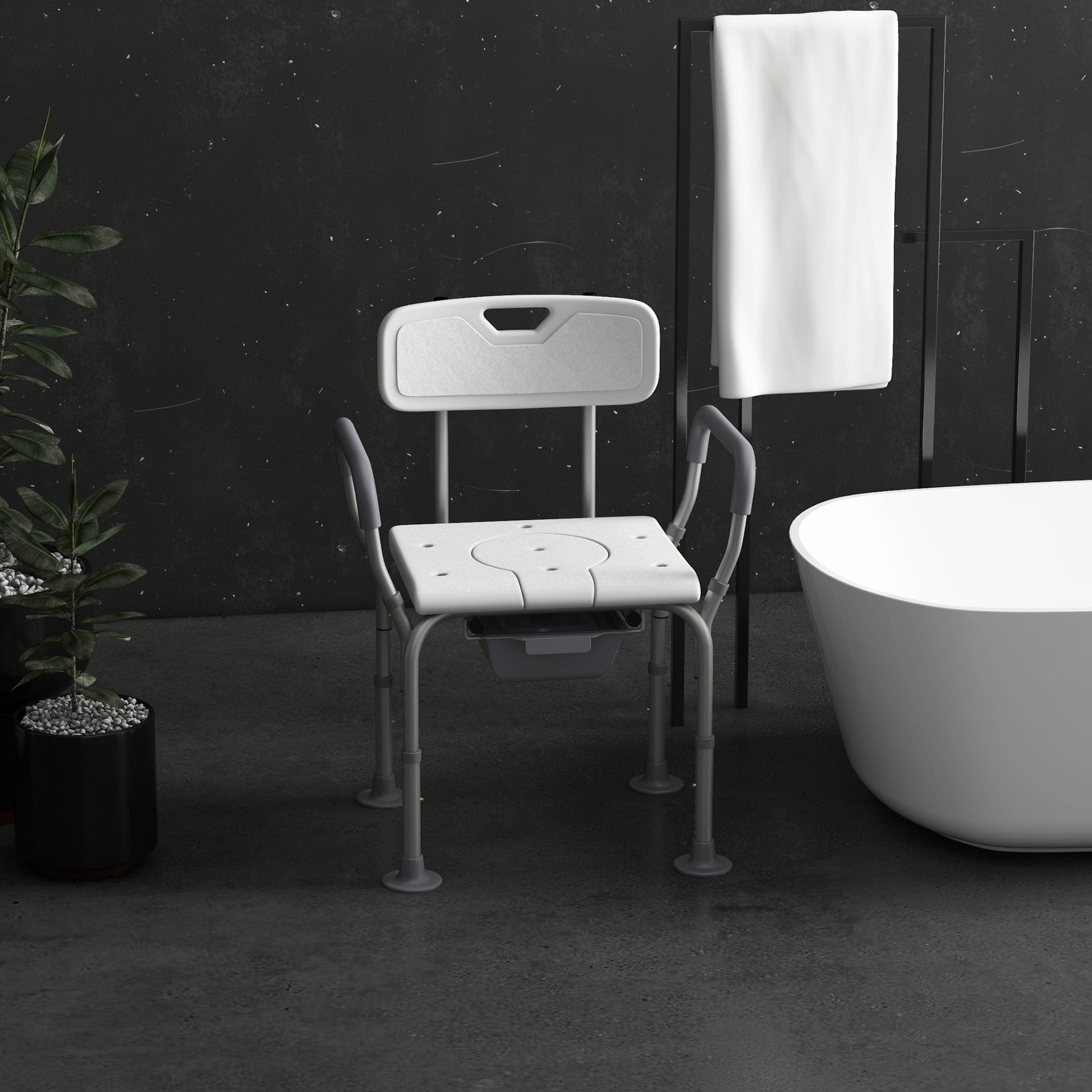 3-in-1 shower commode chair with padded seat, raised toilet opening, and armrests