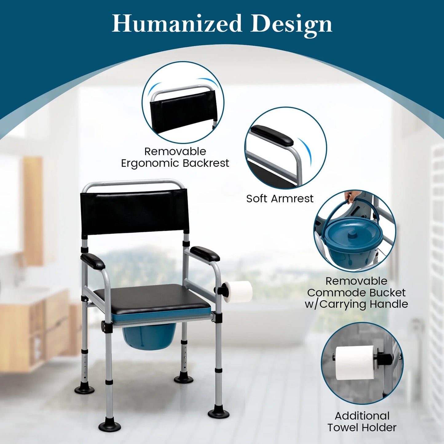 Bedside commode chair with removable backrest, soft armrests, and detachable commode bucket