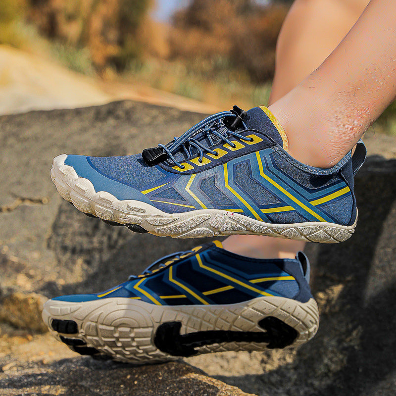 Men and women travel leisure shoes, blue fabric with yellow accents and white textured sole
