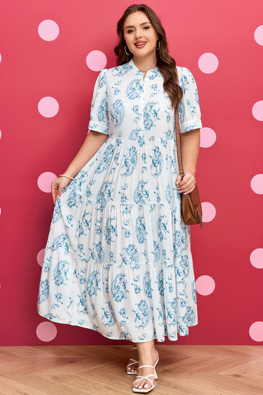 Sky-blue floral short-sleeve tiered maxi dress with gathered waist and buttoned front