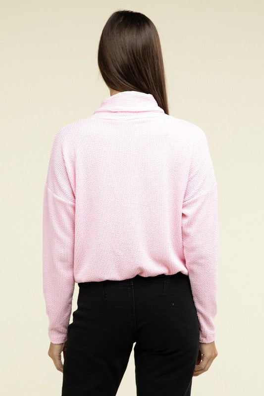 Textured pullover top, pink, back view with hood and long sleeves