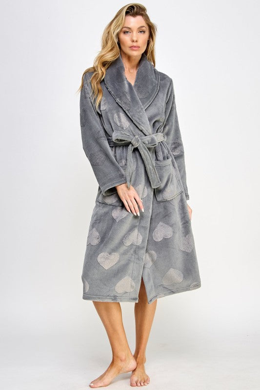 Slate gray heart-print robe with shawl collar, belt tie, and two patch pockets