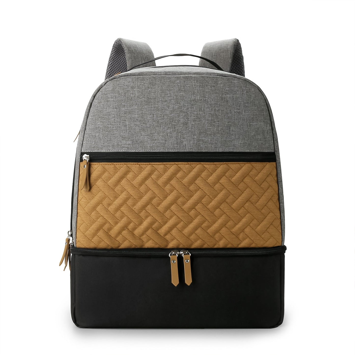 Gray insulated travel mummy bag with tan quilted panel and black bottom, front view