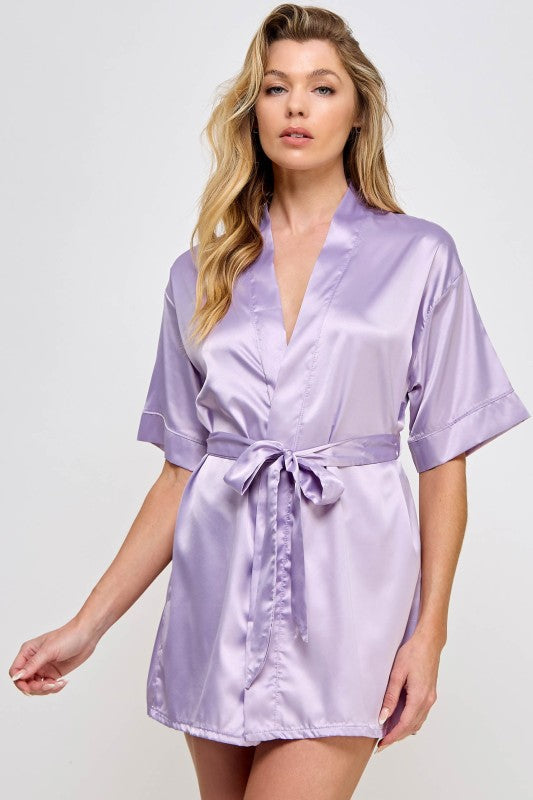 1947 Getting Ready robe, lavender satin V-neck tie belt, short sleeves