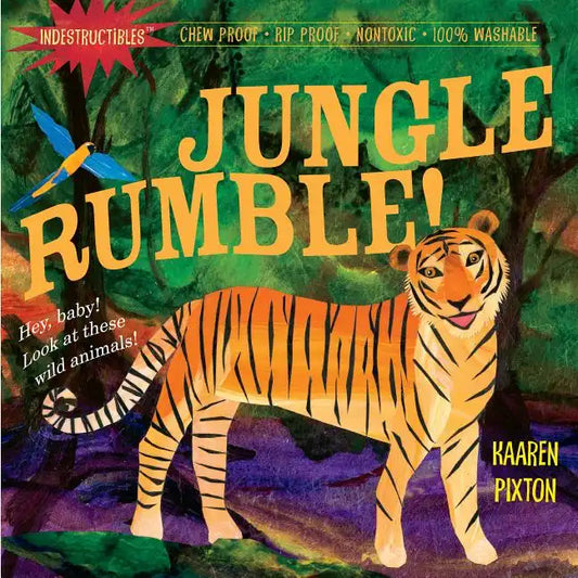Indestructibles Jungle Rumble chew-proof book cover with tiger, palms, and jungle text.