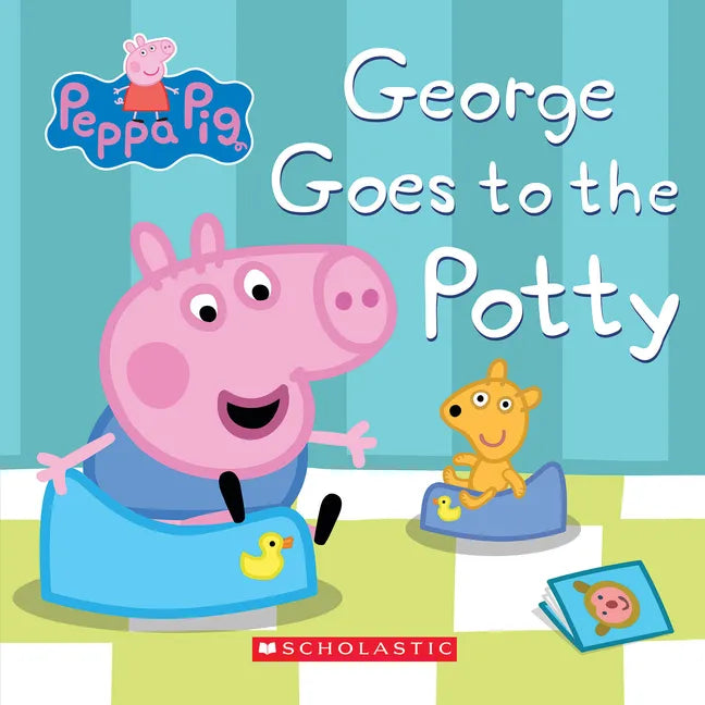 Children's board book featuring George Pig at the potty with cartoon characters.
