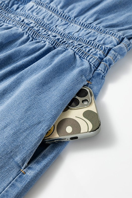 Denim mini dress with gathered elastic waist, light blue