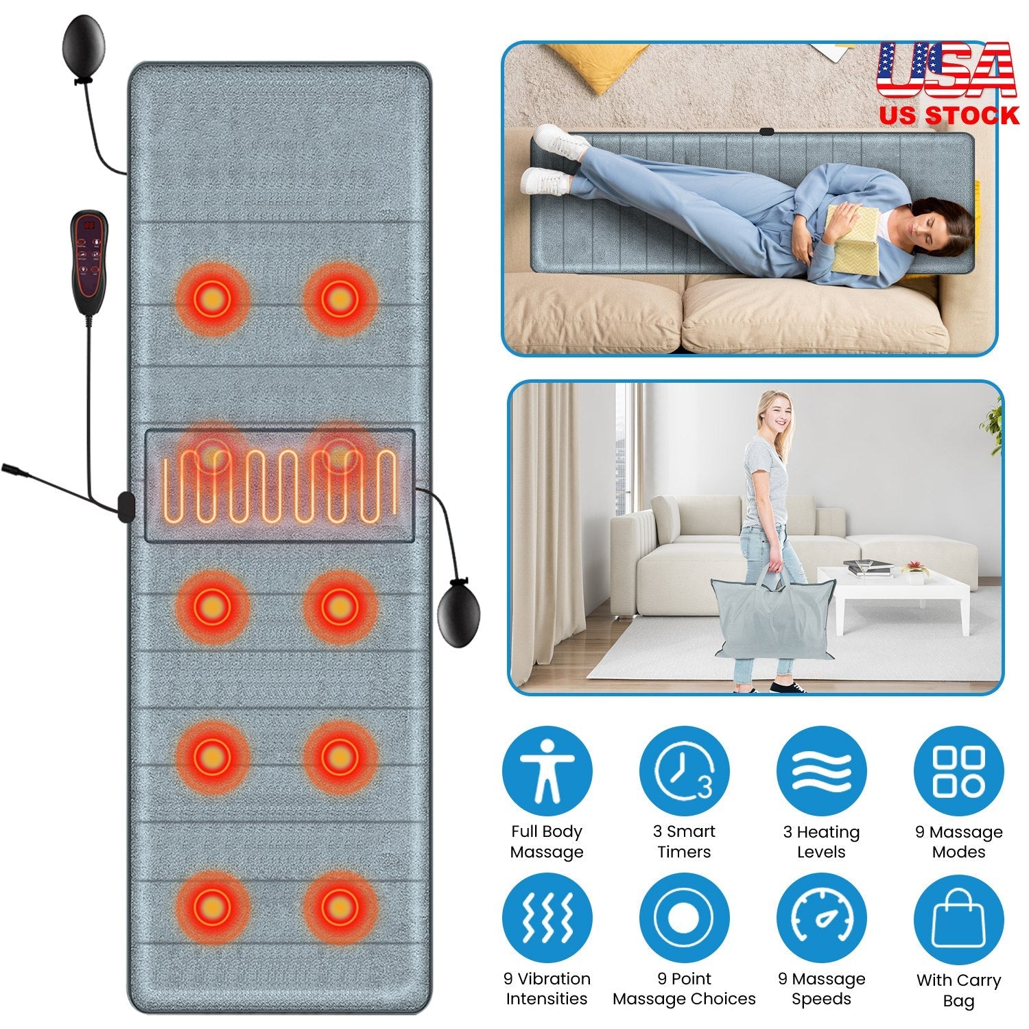 Grey full-body massage mat with red heat circles and bar zones, plus wired controllers.