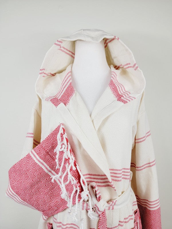Unisex robe close-up: hood and tie belt on red-and-white striped knit, side pocket detail
