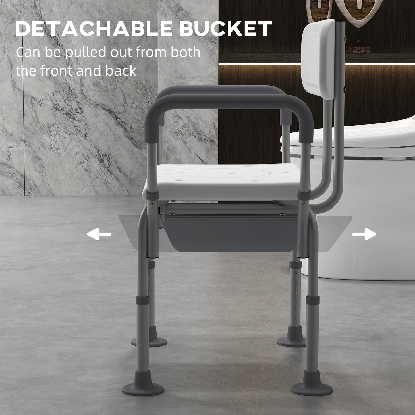 Raised toilet seat commode chair with detachable bucket and curved carry handle on back
