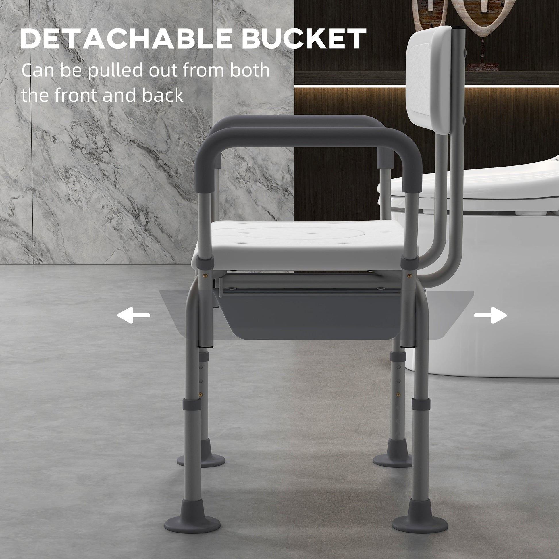 Raised toilet seat commode chair with detachable bucket and curved carry handle on back