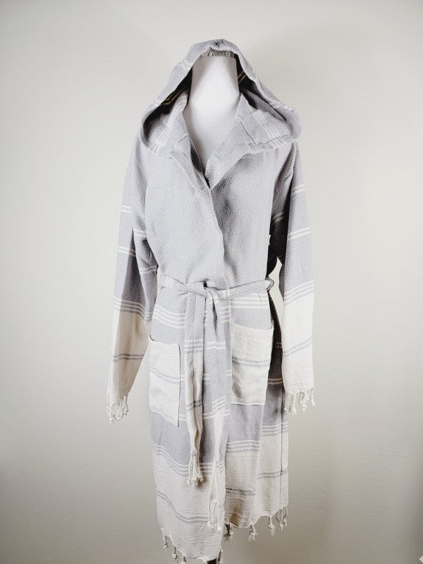 Gray unisex robe with hood, tie belt, and side pockets; geometric stripe texture