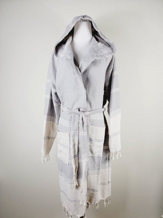 Gray unisex robe with hood, tie belt, and side pockets; geometric stripe texture