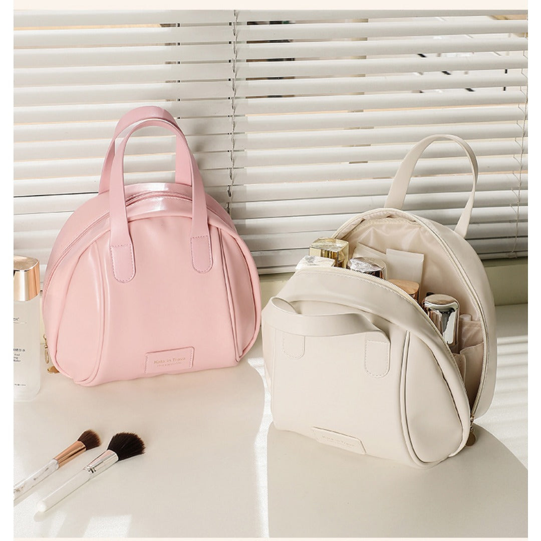 Pink and beige waterproof makeup tote bags with double handles, open-top storage