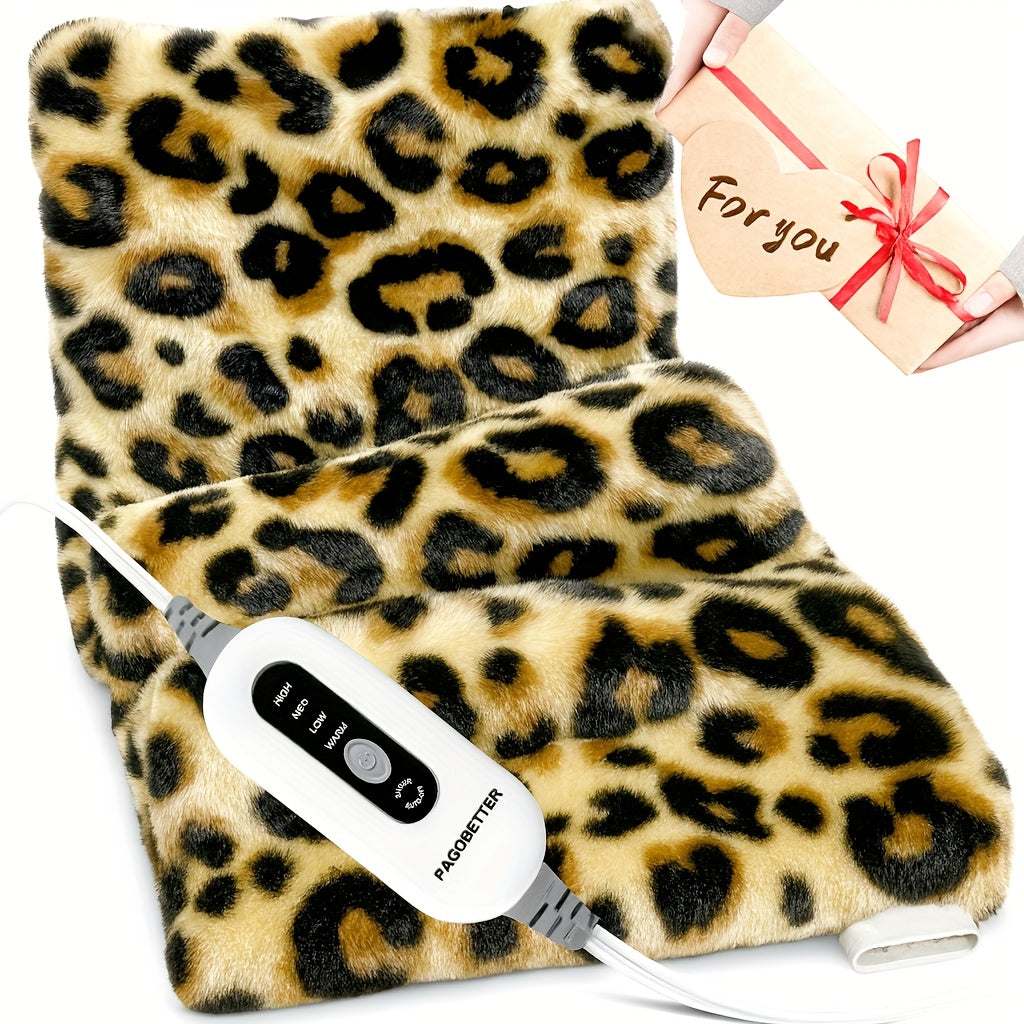 Leopard-print electric heating pad with controller and cord, plush faux-fur texture