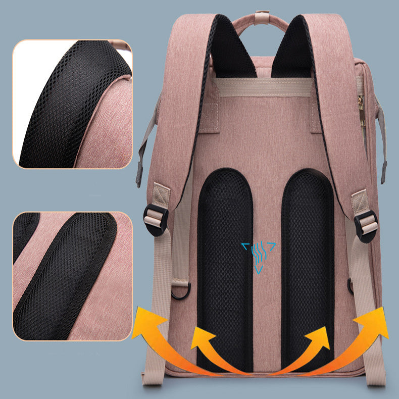 Baby crib backpack back panel in gray and mauve with two padded shoulder straps