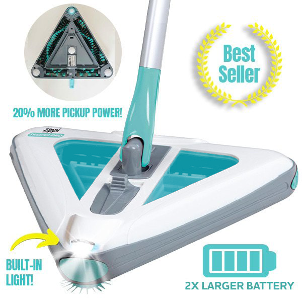 Electric floor sweeper base with white housing and teal handle, showing front cleaning head.