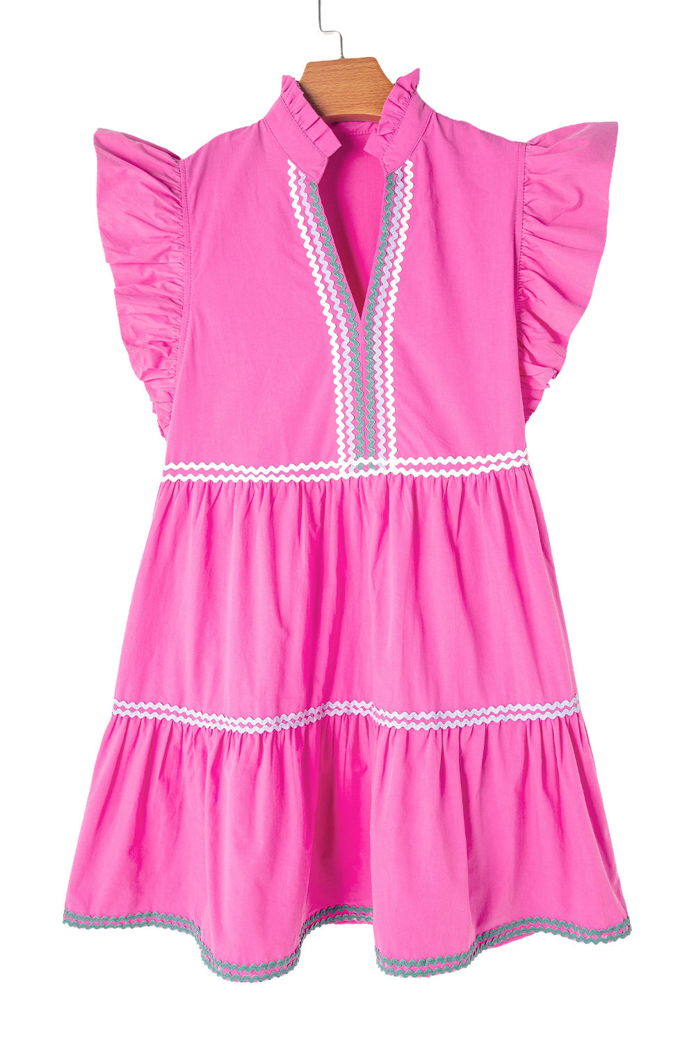 Strawberry pink V-neck flutter sleeve tiered dress with white and turquoise zigzag trim