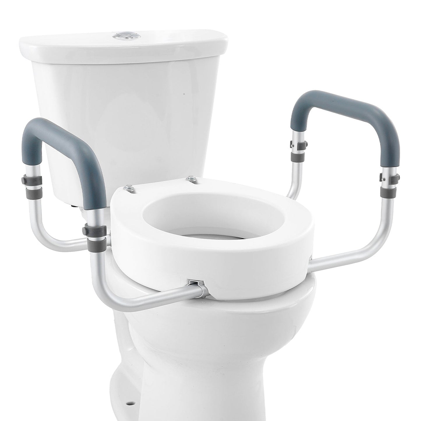 Raised toilet seat with white base, gray padded armrests, and curved metal handrails