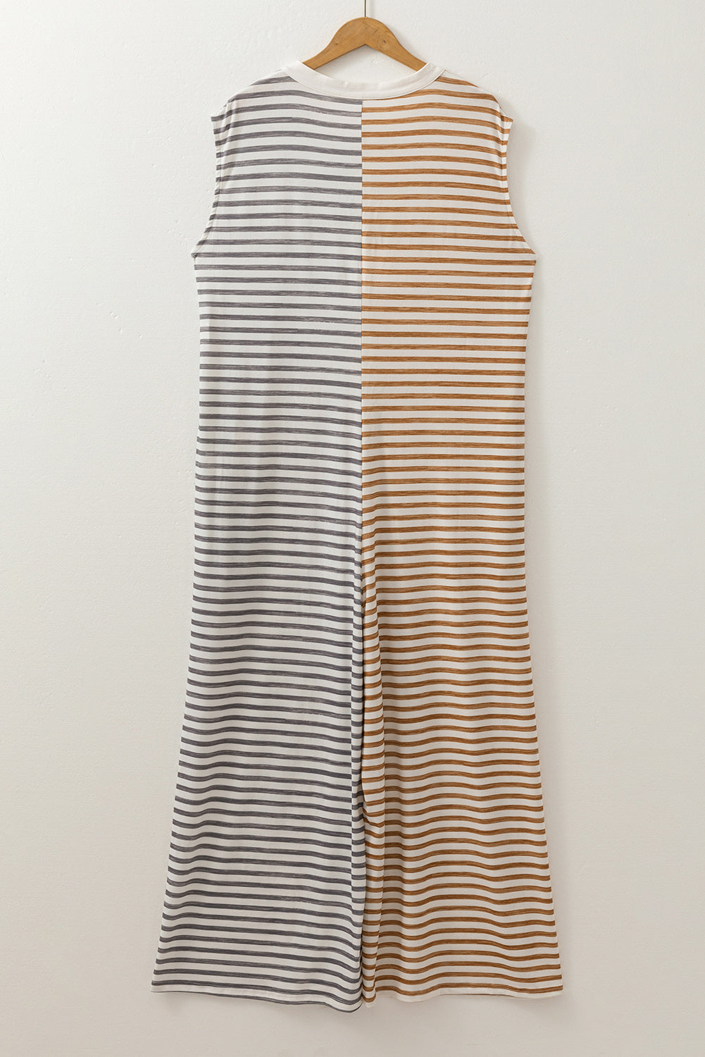 Back view of hanging sleeveless color-block striped jumpsuit with button placket
