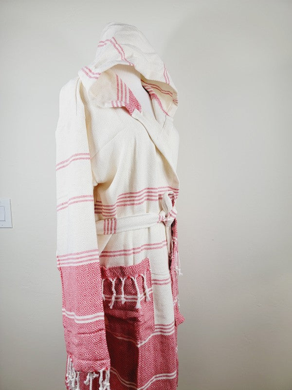 Unisex hooded robe, front view, pink-red patch pocket and striped sleeves