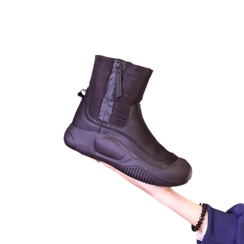 Dark purple winter snow boot with side zipper and thick tread sole.