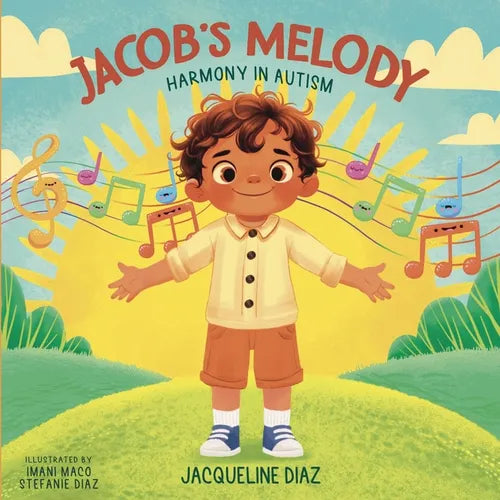 Children's paperback book cover with cartoon boy and colorful music notes