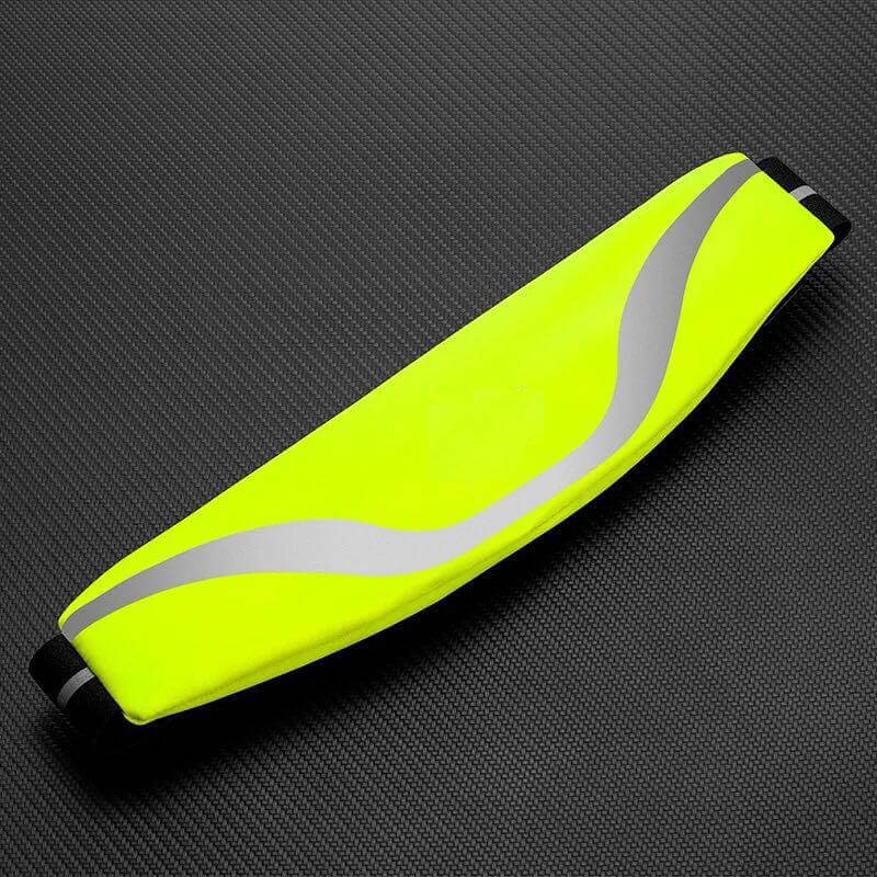 Yellow water-resistant waist pack belt with wavy reflective strip.