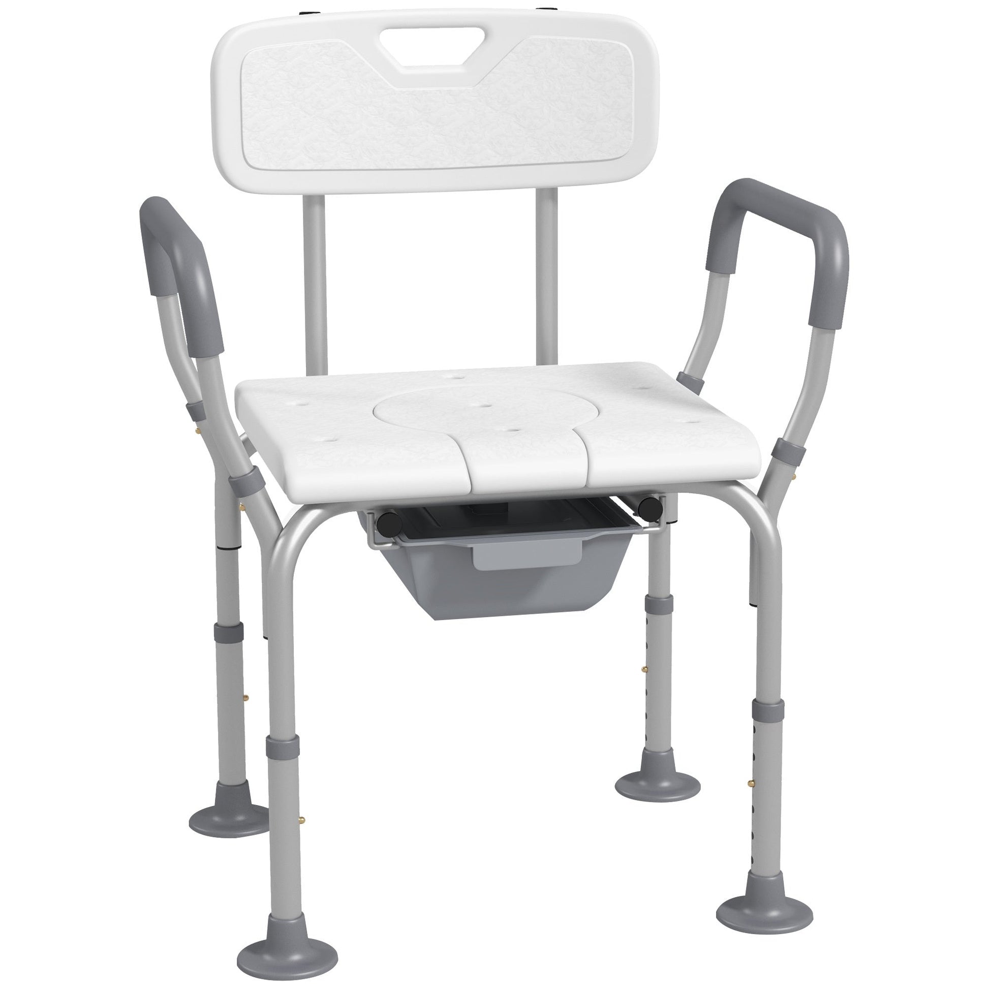 Adjustable aluminum raised toilet seat with contoured padded seat, armrests, and backrest