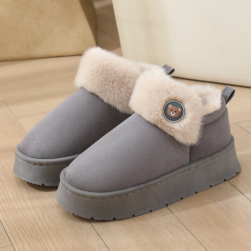 Gray ankle wrap cotton slippers with cream plush cuff and bear button