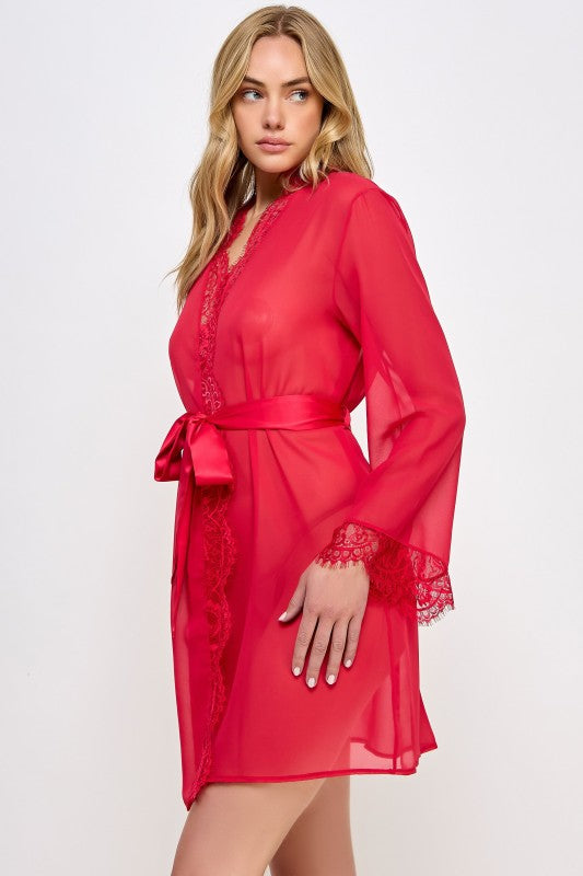 Red sheer robe with lace V-neck, tied waist, long sleeves with lace cuffs