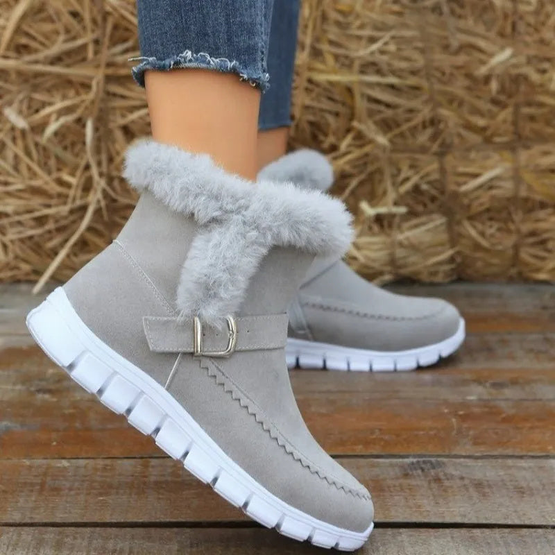 Grey ankle snow boots with faux fur collar, side buckle strap, thick white tread sole