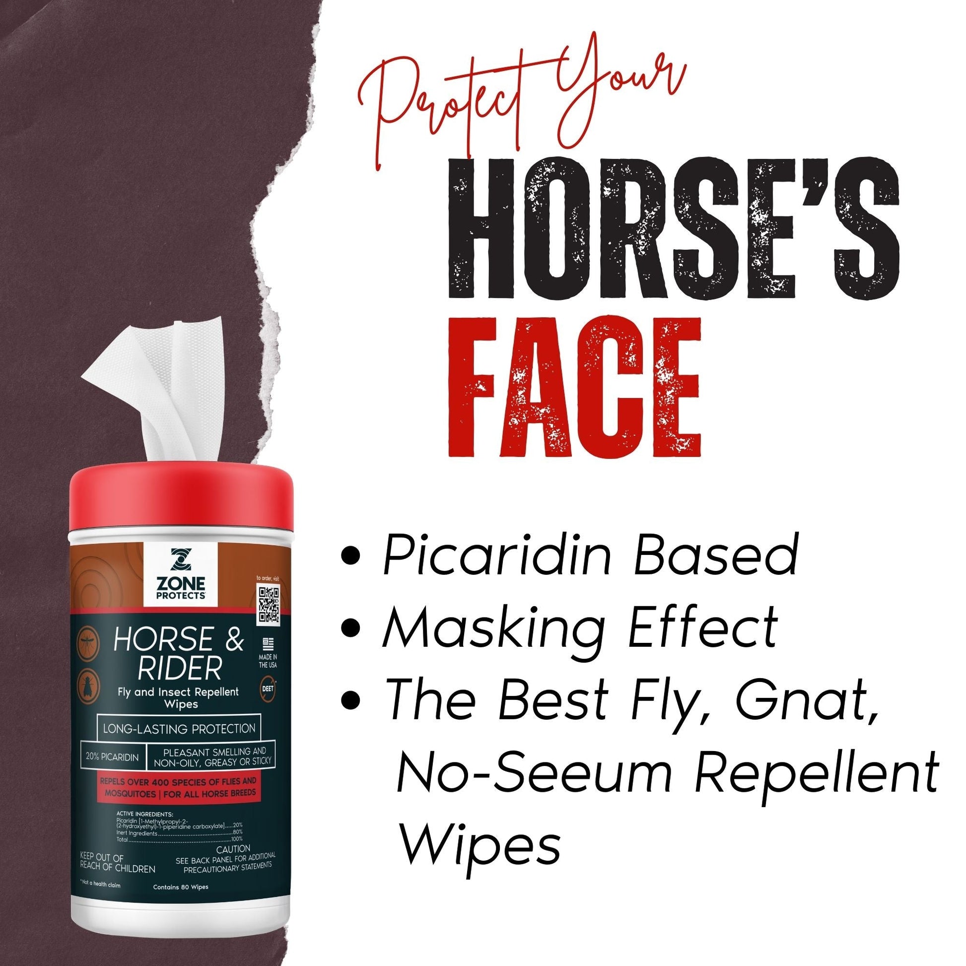 Repellent wipes canister with red cap and label showing Horse’s Face protection