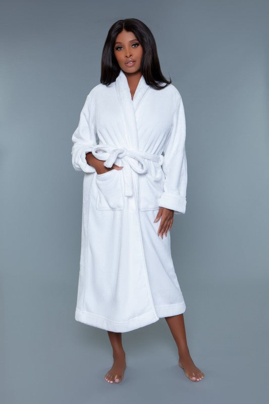 White plush robe front view with shawl collar, belt tie, and mid-calf hem