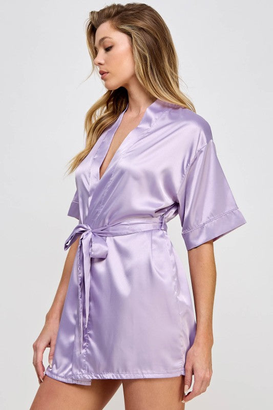 1947 Getting Ready robe, lavender satin side view with tie belt, short kimono sleeves