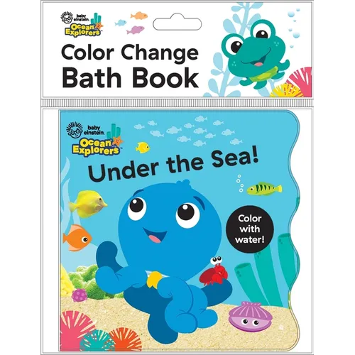 Baby bath book with blue under-the-sea cover; color change with water concept.