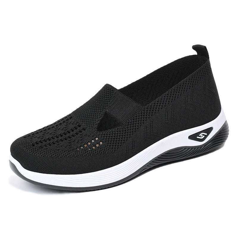 Women’s breathable mesh slip-on shoes, black knit upper with white sole and side logo patch
