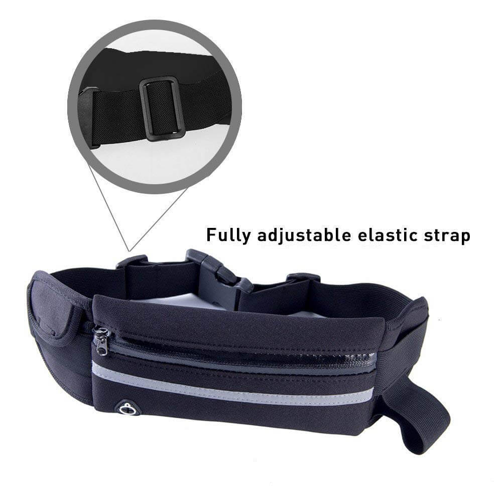 Adjustable sports running belt with elastic strap and gray reflective band