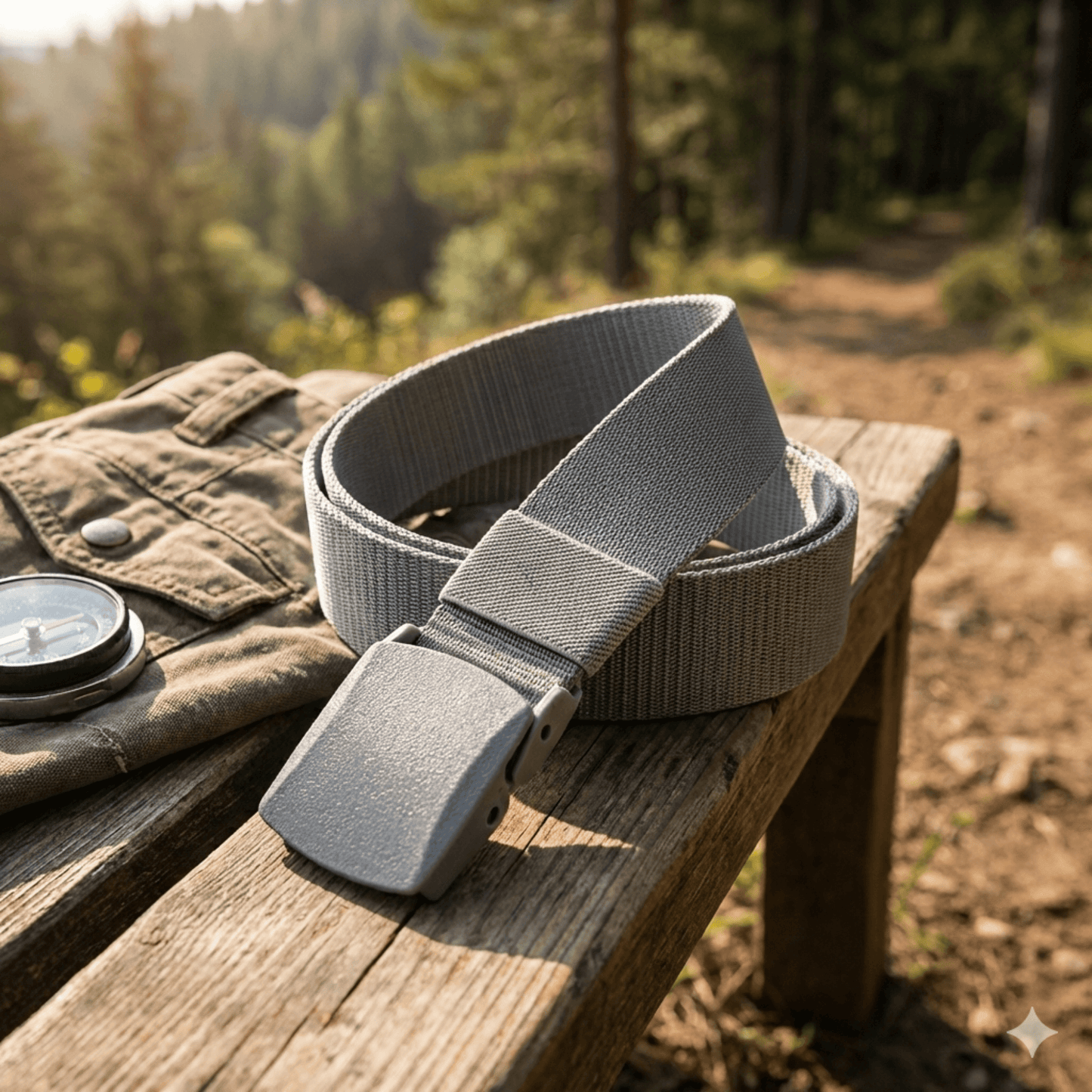 Adjustable nylon belt with plastic buckle, light grey webbing, outdoor close-up.