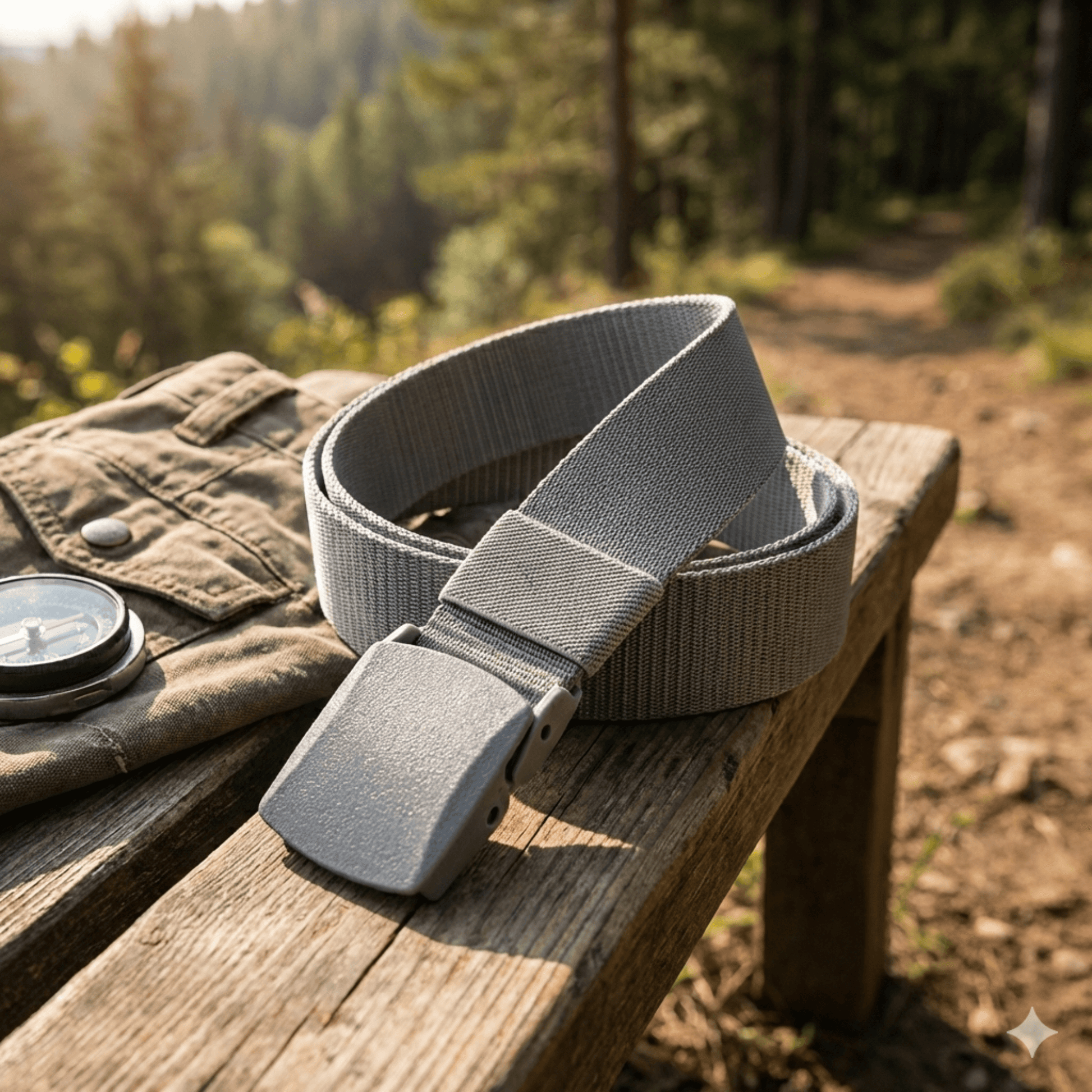Adjustable nylon belt with plastic buckle, light grey webbing, outdoor close-up.