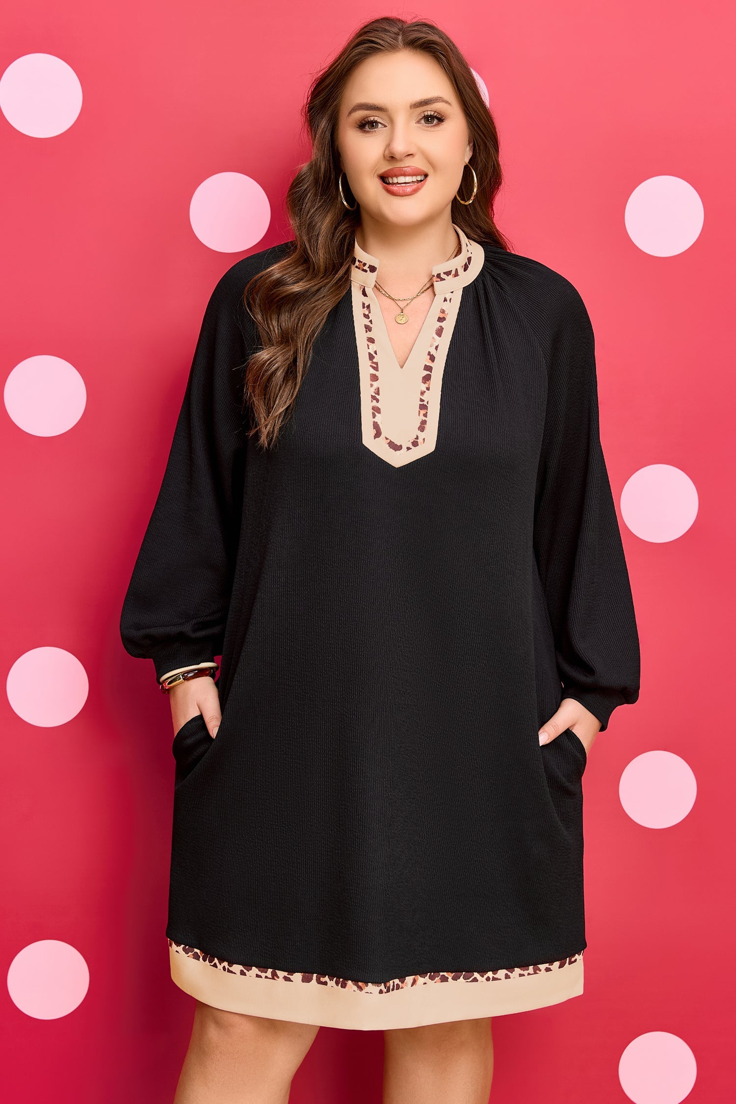 Black PLUS tunic dress with V-neck embroidery and cream contrast border on sleeves hem