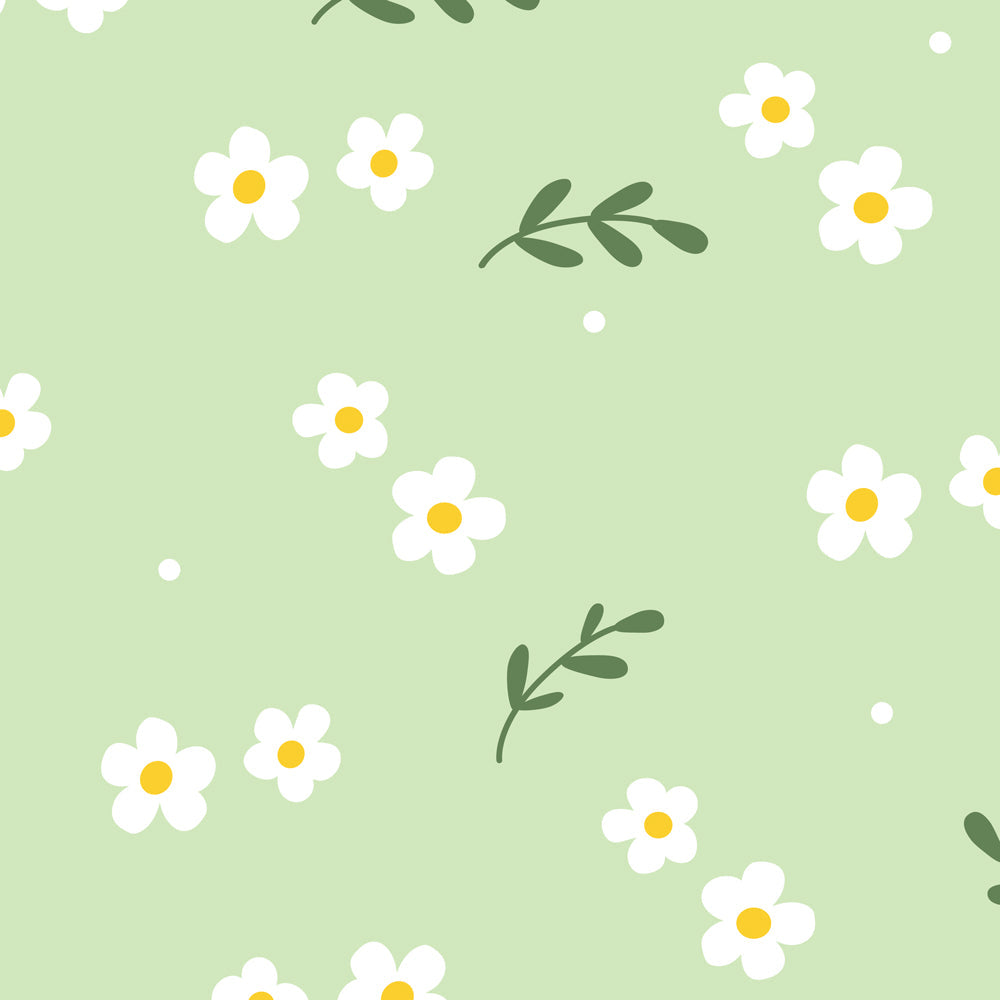 Mint green fabric with scattered white daisy flowers and green leaves pattern