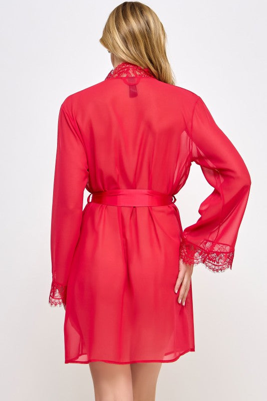 Red sheer robe back view with tied waist and lace-trim cuffs, short length