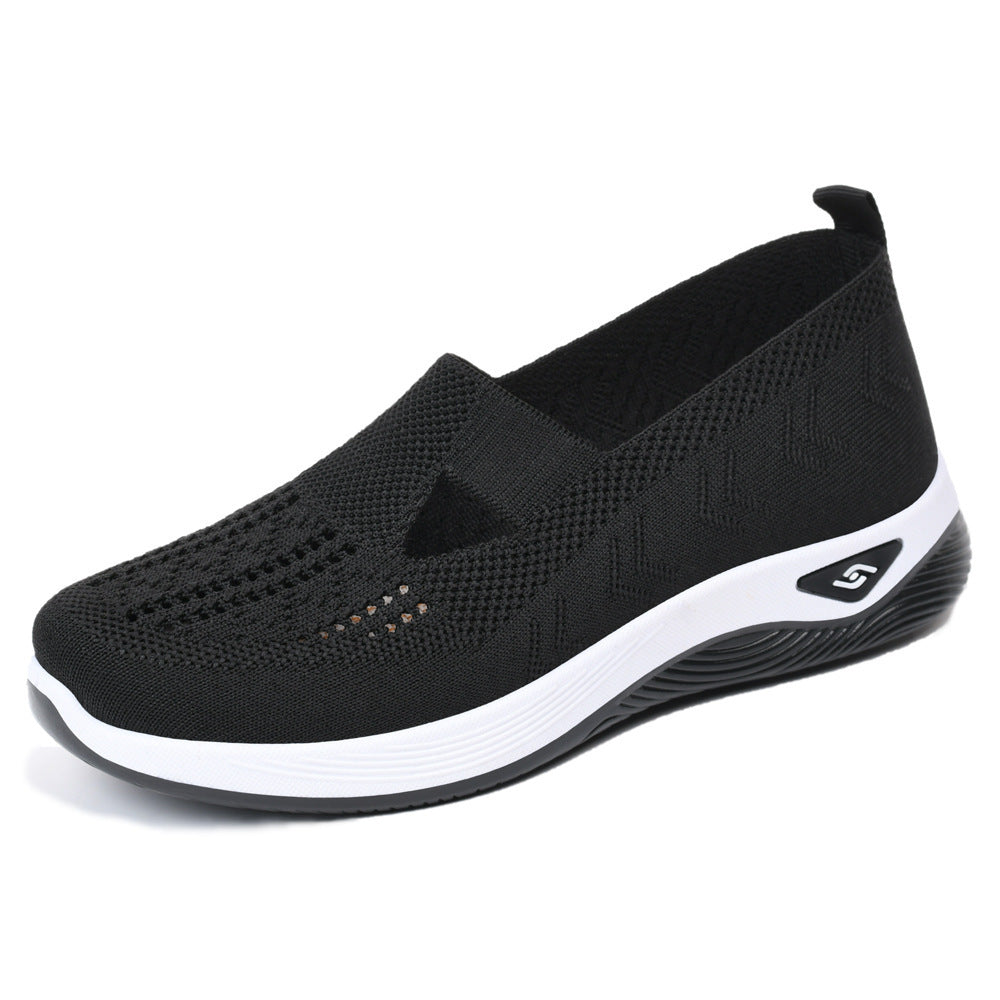 Women's mesh slip-on casual shoes, black knit upper with white sole