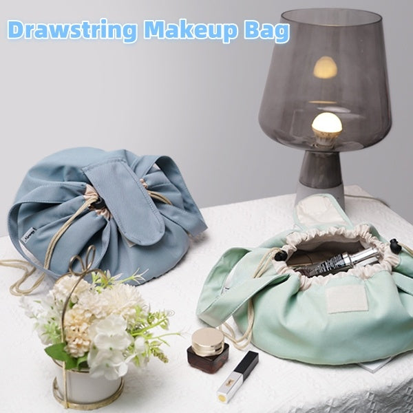 Drawstring makeup bag set: sky blue and mint green barrel pouch with bow closure