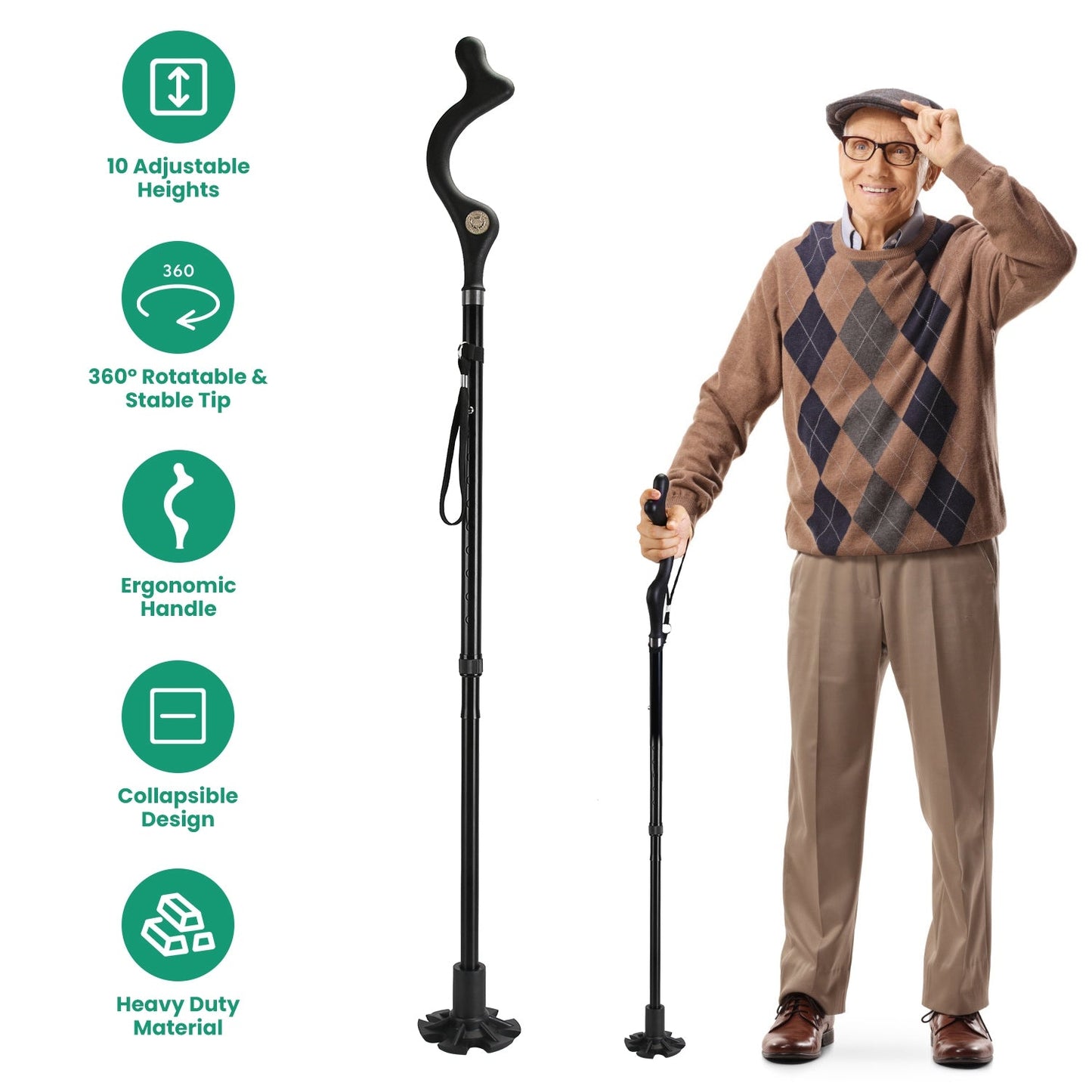 Black adjustable walking cane with curved handle, ergonomic grip, and round rubber base