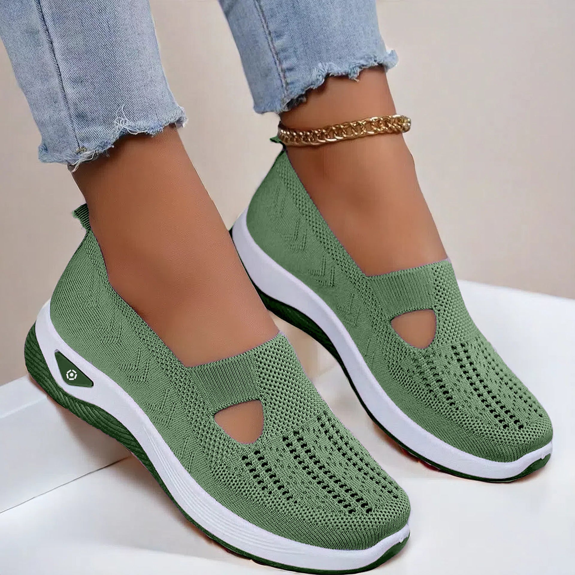 Green knit mesh flats with oval cutout and white sole, slip-on casual shoes