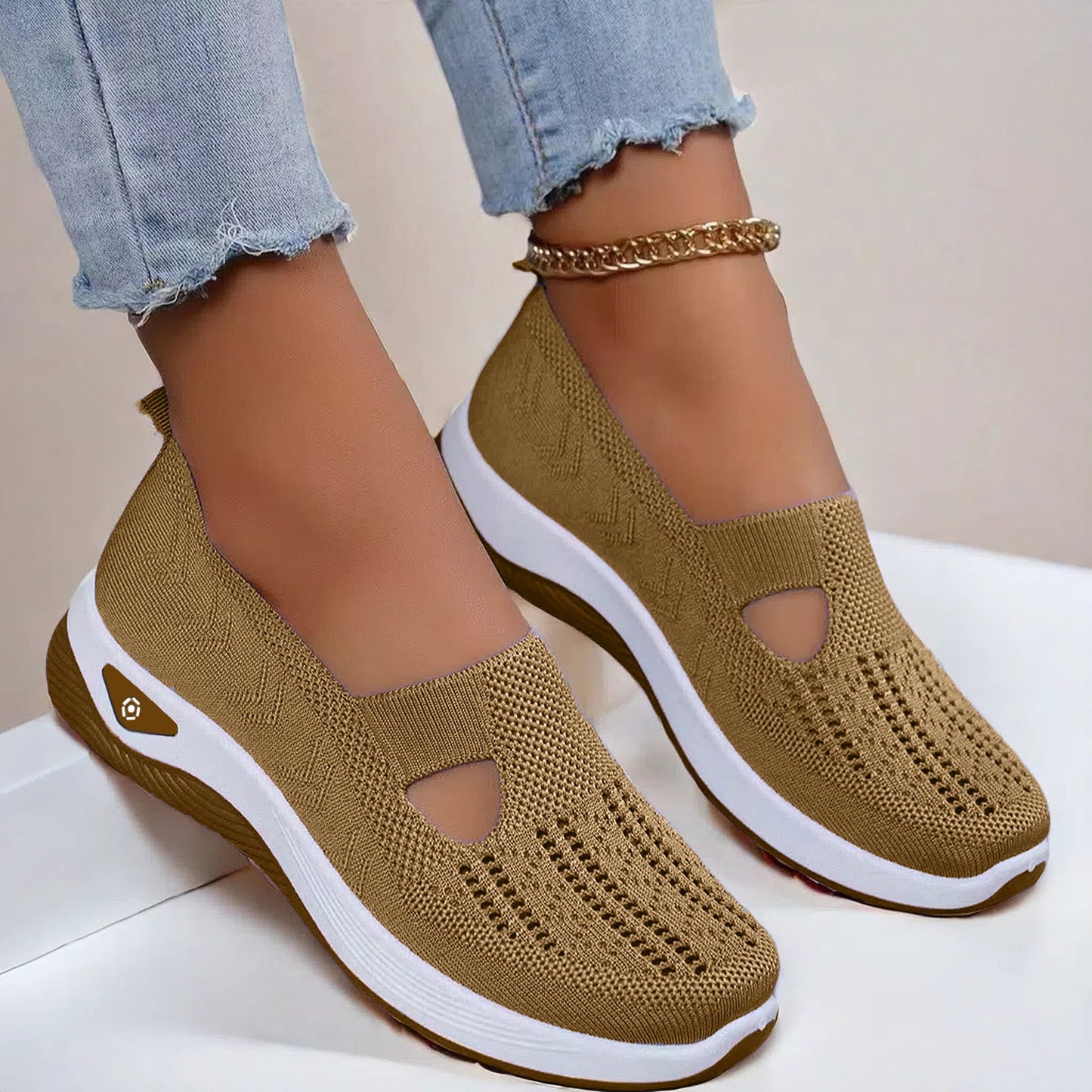 Khaki knit mesh slip-on flats with round cutout and white cushioned sole