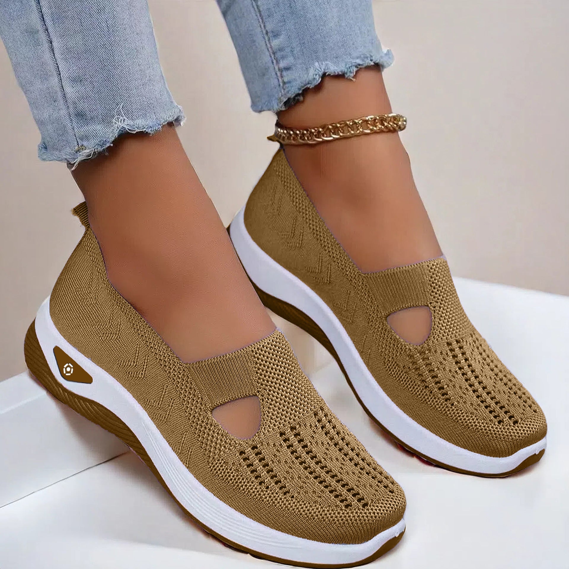 Khaki knit mesh slip-on flats with round cutout and white cushioned sole