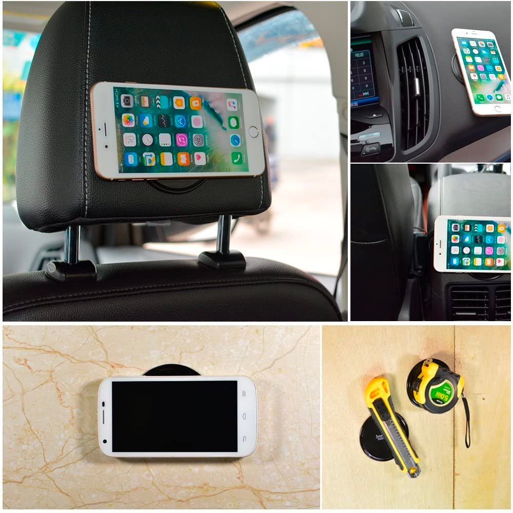Gel pads holding a smartphone on a car seat headrest for steady placement
